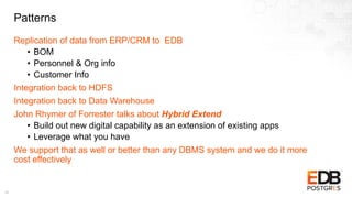Patterns
Replication of data from ERP/CRM to EDB
• BOM
• Personnel & Org info
• Customer Info
Integration back to HDFS
Integration back to Data Warehouse
John Rhymer of Forrester talks about Hybrid Extend
• Build out new digital capability as an extension of existing apps
• Leverage what you have
We support that as well or better than any DBMS system and we do it more
cost effectively
15
 