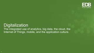 Digitalization
The integrated use of analytics, big data, the cloud, the
Internet of Things, mobile, and the application c...
