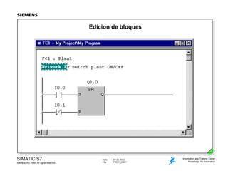 Date: 07.03.2012
File: PRO1_05E.1
SIMATIC S7
Siemens AG 1999. All rights reserved.
Information and Training Center
Knowledge for Automation
Edicion de bloques
 
