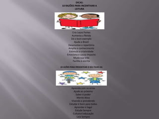 DICAS:
 10 RAZÕES PARA INCENTIVAR A
           LEITURA




           Cria Laços Fortes
          Aumenta a Renda
          Dá o bom exemplo
             Ajuda o Brasil
       Desenvolve o repertório
       Amplia o conhecimento
        Estimula a criatividade
      Emociona e causa impacto
            Muda sua Vida
            Facilita à escrita

10 LIÇÕES PARA PRESENTEAR O SEU FILHO (A)




          Aprenda com os erros
            Ajude ao próximo
              Saber é poder
               Mente Ativa
          Vivendo e prendendo
        Estudar é bom para todos
             Aprender é legal
             Estude Sempre
           Cultura é educação
               Leia Sempre
 