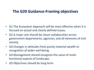 The G20 Guidance-Framing objectives
• G1 The Ecosystem Approach will be most effective when it is
focused on actual and clearly defined issues.
• G2 A major aim should be closer collaboration across
government departments, agencies, and all elements of civil
society.
• G3 Changes in attitudes from purely material wealth to
recognition of wider well-being.
• G4 Management should recognize the value of multi-
functional aspects of landscape.
• G5 Objectives should be long-term.
 