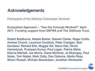 SWIMMER | University of Liverpool
Acknowledgements
Participants of the Sibthorp Cirencester Seminar:
Ecosystem Approach – “Has the Concept Worked?” April
2011. Funding support from DEFRA and The Sibthorp Trust.
Robert Bradburne, Natalie Barker, Stewart Clarke, Roger Crofts,
Andrew Church, Laurence Couldrick, Peter Costigan, Nick
Davidson, Richard Ellis, Maggie Gill, Steve Hall, Olivier
Hamerlynck, Pushpam Kumar, Paul Logan, Patrick Meire,
Dianne Mitchell, Joe Morris, Diane Mortimer, Jo Mulongoy, Paul
Nolan, Tom Nisbet, Mark Oddy, Dan Osborne, Martin Ross,
Shaun Russell, Michael Stewardson, Jonathan Wentworth.
 