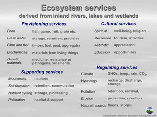 Ecosystem services
derived from inland rivers, lakes and wetlands
Provisioning services
Food
Fresh water
Fibre and fuel
Biochemicals
Genetic
materials
fish, game, fruit, grain etc.
storage, retention, provision
timber, fuel, peat, aggregates
materials from living things
medicine, resistance to
pathogens, ornaments
Regulating services
Climate
Hydrology
Pollution
Erosion
Natural hazards
GHGs, temp., rain, CO2.
recharge, discharge,
storage
retention, removal,
protection, retention
floods, storms
Cultural services
Spiritual
Recreation
Aesthetic
Education
well-being, religion
tourism, activities
appreciation
opportunities
Supporting services
Biodiversity
Soil formation
Nutrient cycling
Pollination
habitats
retention, accumulation
storage, processing
habitat & support
Adapted from Millennium Ecosystem Assessment 2005
 