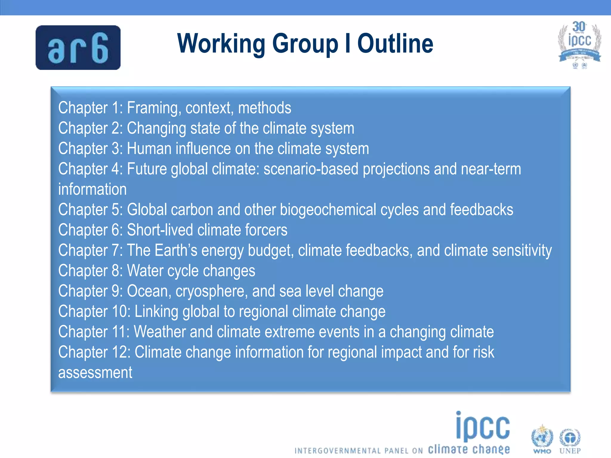 Working Group I Outline
Chapter 1: Framing, context, methods
Chapter 2: Changing state of the climate system
Chapter 3: Human influence on the climate system
Chapter 4: Future global climate: scenario-based projections and near-term
information
Chapter 5: Global carbon and other biogeochemical cycles and feedbacks
Chapter 6: Short-lived climate forcers
Chapter 7: The Earth’s energy budget, climate feedbacks, and climate sensitivity
Chapter 8: Water cycle changes
Chapter 9: Ocean, cryosphere, and sea level change
Chapter 10: Linking global to regional climate change
Chapter 11: Weather and climate extreme events in a changing climate
Chapter 12: Climate change information for regional impact and for risk
assessment
 