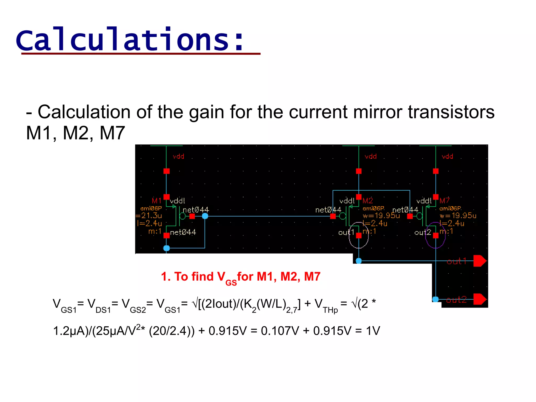 Calculations:
- Calculation of the gain for the current mirror transistors
M1, M2, M7
1. To find VGS
for M1, M2, M7
VGS1
= VDS1
= VGS2
= VGS1
= √[(2Iout)/(K2
(W/L)2,7
] + VTHp
= √(2 *
1.2µA)/(25µA/V2
* (20/2.4)) + 0.915V = 0.107V + 0.915V = 1V
 