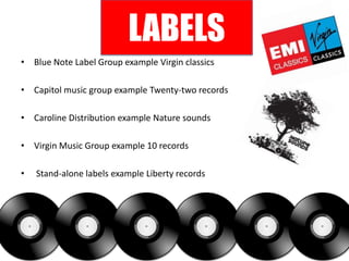 LABELS
• Blue Note Label Group example Virgin classics

• Capitol music group example Twenty-two records

• Caroline Distribution example Nature sounds

• Virgin Music Group example 10 records

•   Stand-alone labels example Liberty records
 