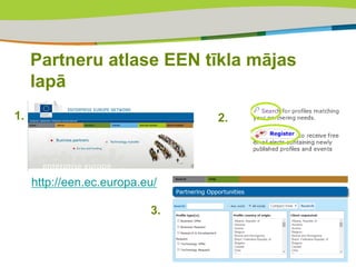 Partneru atlase EEN tīkla mājas
lapā
1.
http://een.ec.europa.eu/
2.
3.
 