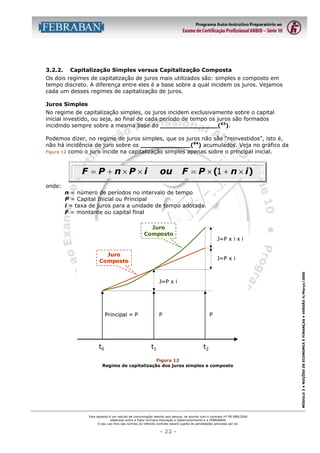 3.2.2.

Capitalização Simples versus Capitalização Composta

Os dois regimes de capitalização de juros mais utilizados são: simples e composto em
tempo discreto. A diferença entre eles é a base sobre a qual incidem os juros. Vejamos
cada um desses regimes de capitalização de juros.
Juros Simples
No regime de capitalização simples, os juros incidem exclusivamente sobre o capital
inicial investido, ou seja, ao final de cada período de tempo os juros são formados
incidindo sempre sobre a mesma base do _______________(63).
Podemos dizer, no regime de juros simples, que os juros não são “reinvestidos”, isto é,
não há incidência de juro sobre os _____________(64) acumulados. Veja no gráfico da
Figura 12 como o juro incide na capitalização simples apenas sobre o principal inicial.

F = P + n×P ×i

F = P × (1 + n × i)

n = número de períodos no intervalo de tempo
P = Capital Inicial ou Principal
i = taxa de juros para a unidade de tempo adotada.
F = montante ou capital final
Juro
Composto

J=P x i x i

Juro
Composto

J=P x i

J=P x i

Principal = P

t0

P

t1

P

t2

Figura 12
Regime de capitalização dos juros simples e composto

Esta apostila é um veículo de comunicação restrito aos bancos, de acordo com o contrato nº FB-089/2004
celebrado entre a Fator Humano Educação e Desenvolvimento e a FEBRABAN.
O seu uso fora das normas do referido contrato estará sujeito às penalidades previstas por lei.

- 22 -

MÓDULO 3 • NOÇÕES DE ECONOMIA E FINANÇAS • VERSÃO 4/Março/2005

onde:

ou

 