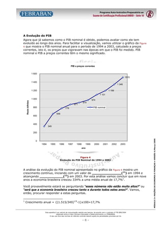 A Evolução do PIB
Agora que já sabemos como o PIB nominal é obtido, podemos avaliar como ele tem
evoluído ao longo dos anos. Para facilitar a visualização, vamos utilizar o gráfico da Figura
4 que mostra o PIB nominal anual para o período de 1994 a 2003, calculado a preços
correntes, isto é, os preços que vigoravam nas épocas em que o PIB foi medido. PIB
nominal e PIB a preços correntes têm o mesmo significado.

PIB a preços correntes

1 600
1515
1 400
1 346
1 200

1 199
1 101

Reais bilhões

1 000

974
914

871
800

PIB nominal

779
646

600

400
349

0
1994

1995

1996

1997

1998

1999

2000

2001

2002

2003

ano

Figura 4
Evolução do PIB Nominal de 1994 a 2003

A análise da evolução do PIB nominal apresentado no gráfico da Figura 4 mostra um
crescimento contínuo, iniciando com um valor de _______________(11) em 1994 e
alcançando ____________(12) em 2003. Por esta análise vamos concluir que em nove
anos a economia brasileira cresceu 334% a uma média anual de 17,7%1.
Você provavelmente estará se perguntando “esses números não estão muito altos?” ou
“será que a economia brasileira cresceu tanto e durante todos estes anos?”. Vamos,
então, procurar responder a estas perguntas.
1

Crescimento anual = {(1.515/349)1/9-1}x100=17,7%

Esta apostila é um veículo de comunicação restrito aos bancos, de acordo com o contrato nº FB-089/2004
celebrado entre a Fator Humano Educação e Desenvolvimento e a FEBRABAN.
O seu uso fora das normas do referido contrato estará sujeito às penalidades previstas por lei.

-8-

MÓDULO 3 • NOÇÕES DE ECONOMIA E FINANÇAS • VERSÃO 4/Março/2005

200

 