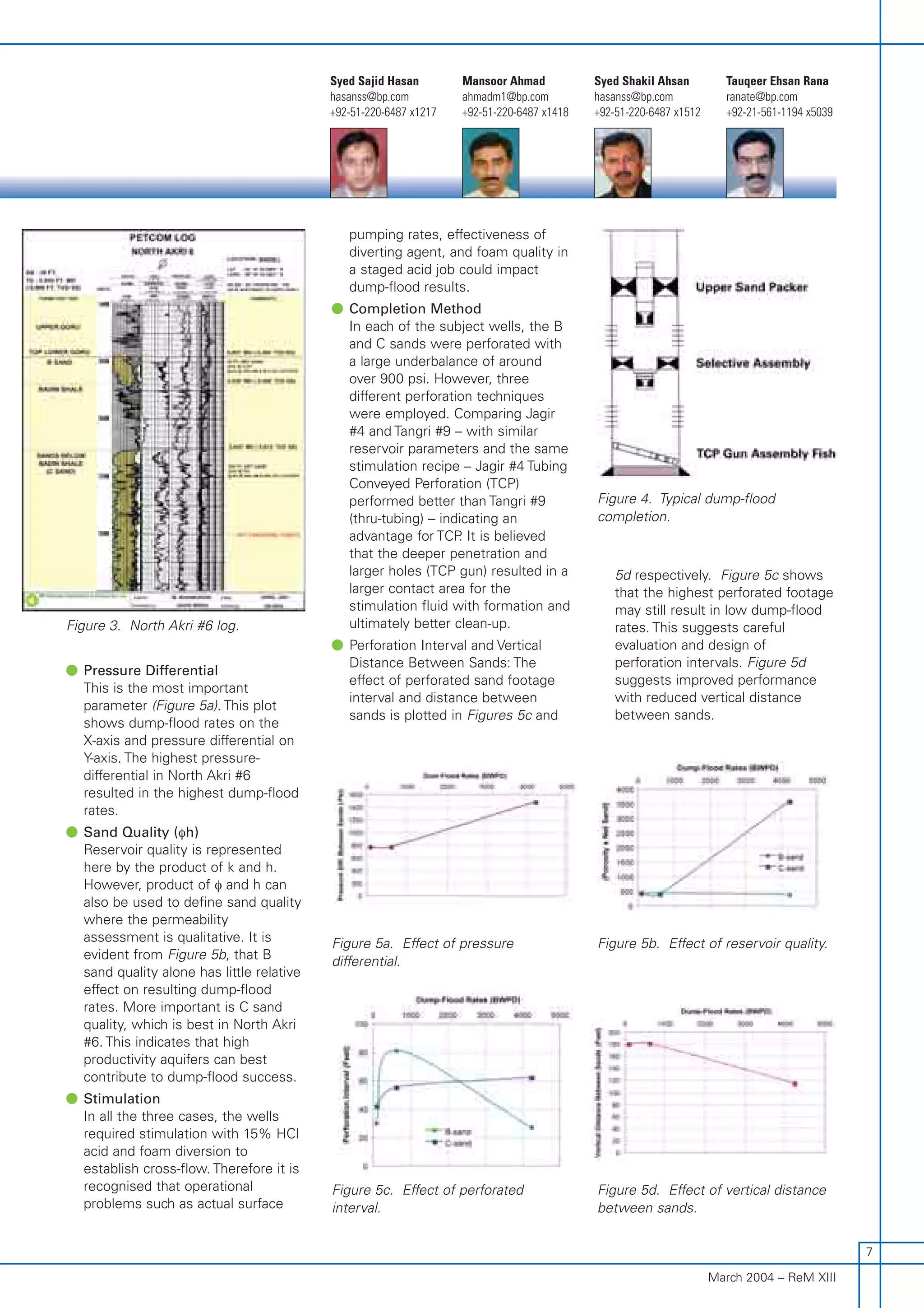 7
Tauqeer Ehsan Rana
ranate@bp.com
+92-21-561-1194 x5039
Syed Shakil Ahsan
hasanss@bp.com
+92-51-220-6487 x1512
Mansoor Ahmad
ahmadm1@bp.com
+92-51-220-6487 x1418
Syed Sajid Hasan
hasanss@bp.com
+92-51-220-6487 x1217
March 2004 – ReM XIII
Figure 3. North Akri #6 log.
Figure 4. Typical dump-flood
completion.
Figure 5a. Effect of pressure
differential.
Figure 5b. Effect of reservoir quality.
Figure 5c. Effect of perforated
interval.
Figure 5d. Effect of vertical distance
between sands.
Ȝ Pressure Differential
This is the most important
parameter (Figure 5a). This plot
shows dump-flood rates on the
X-axis and pressure differential on
Y-axis. The highest pressure-
differential in North Akri #6
resulted in the highest dump-flood
rates.
Ȝ Sand Quality (φh)
Reservoir quality is represented
here by the product of k and h.
However, product of φ and h can
also be used to define sand quality
where the permeability
assessment is qualitative. It is
evident from Figure 5b, that B
sand quality alone has little relative
effect on resulting dump-flood
rates. More important is C sand
quality, which is best in North Akri
#6. This indicates that high
productivity aquifers can best
contribute to dump-flood success.
Ȝ Stimulation
In all the three cases, the wells
required stimulation with 15% HCl
acid and foam diversion to
establish cross-flow. Therefore it is
recognised that operational
problems such as actual surface
pumping rates, effectiveness of
diverting agent, and foam quality in
a staged acid job could impact
dump-flood results.
Ȝ Completion Method
In each of the subject wells, the B
and C sands were perforated with
a large underbalance of around
over 900 psi. However, three
different perforation techniques
were employed. Comparing Jagir
#4 and Tangri #9 – with similar
reservoir parameters and the same
stimulation recipe – Jagir #4 Tubing
Conveyed Perforation (TCP)
performed better than Tangri #9
(thru-tubing) – indicating an
advantage for TCP. It is believed
that the deeper penetration and
larger holes (TCP gun) resulted in a
larger contact area for the
stimulation fluid with formation and
ultimately better clean-up.
Ȝ Perforation Interval and Vertical
Distance Between Sands: The
effect of perforated sand footage
interval and distance between
sands is plotted in Figures 5c and
5d respectively. Figure 5c shows
that the highest perforated footage
may still result in low dump-flood
rates. This suggests careful
evaluation and design of
perforation intervals. Figure 5d
suggests improved performance
with reduced vertical distance
between sands.
 
