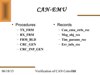 Verification of CAN Cotroller1806/18/15
CAN-EMU
• Procedures
– TX_FRM
– RX_FRM
– FRM_BLD
– CRC_GEN
– CRC_INP_GEN
• Records
– Can_emu_ctrls_rec
– Msg_obj_rec
– Tim_params_rec
– Err_info_rec
 