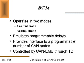 Verification of CAN Cotroller1906/18/15
BFM
• Operates in two modes
– Control mode
– Normal mode
• Emulates programmable delays
• Provides interface to a programmable
number of CAN nodes
• Controlled by CAN-EMU through TC
 