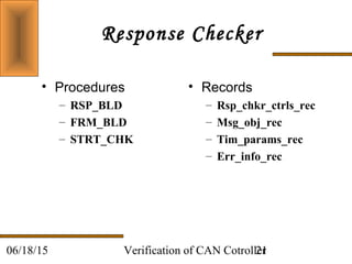 Verification of CAN Cotroller2106/18/15
Response Checker
• Procedures
– RSP_BLD
– FRM_BLD
– STRT_CHK
• Records
– Rsp_chkr_ctrls_rec
– Msg_obj_rec
– Tim_params_rec
– Err_info_rec
 