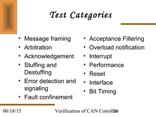 Verification of CAN Cotroller3606/18/15
Test Categories
• Message framing
• Arbitration
• Acknowledgement
• Stuffing and
Destuffing
• Error detection and
signaling
• Fault confinement
• Acceptance Filtering
• Overload notification
• Interrupt
• Performance
• Reset
• Interface
• Bit Timing
 
