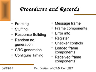 Verification of CAN Cotroller3706/18/15
Procedures and Records
• Framing
• Stuffing
• Response Building
• Random no.
generation
• CRC generation
• Configure Timing
• Message frame
• Frame components
• Error info
• Register
• Checker controls
• Loaded frame
components
• Received frame
components
 