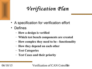 Verification of CAN Cotroller906/18/15
Verification Plan
• A specification for verification effort
• Defines
– How a design is verified
– Which test bench components are created
– How complex they need to be - functionality
– How they depend on each other
– Test Categories
– Test Cases and their priority
 