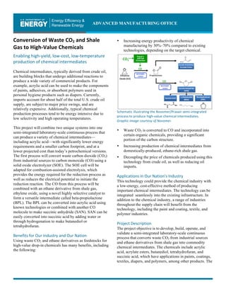 ADVANCED MANUFACTURING OFFICE
Conversion	
  of	
  Waste	
  CO2	
  and	
  Shale	
  
Gas	
  to	
  High-­‐Value	
  Chemicals	
  
Enabling	
  high-­‐yield,	
  low-­‐cost,	
  low-­‐temperature	
  
production	
  of	
  chemical	
  intermediates	
  
Chemical intermediates, typically derived from crude oil,
are building blocks that undergo additional reactions to
produce a wide variety of commercial products. For
example, acrylic acid can be used to make the components
of paints, adhesives, or absorbent polymers used in
personal hygiene products such as diapers. Currently,
imports account for about half of the total U.S. crude oil
supply, are subject to major price swings, and are
relatively expensive. Additionally, typical chemical
production processes tend to be energy intensive due to
low selectivity and high operating temperatures.
This project will combine two unique systems into one
semi-integrated laboratory-scale continuous process that
can produce a variety of chemical intermediates—
including acrylic acid—with significantly lower energy
requirements and a smaller carbon footprint, and at a
lower projected cost than today’s petrochemical versions.
The first process will convert waste carbon dioxide (CO2)
from industrial sources to carbon monoxide (CO) using a
solid oxide electrolyzer (SOE). The SOE cell will be
adapted for combustion-assisted electrolysis, which
provides the energy required for the reduction process as
well as reduces the electrical potential to initiate the
reduction reaction. The CO from this process will be
combined with an ethane derivative from shale gas,
ethylene oxide, using a novel highly selective catalyst to
form a versatile intermediate called beta-propiolactone
(BPL). The BPL can be converted into acrylic acid using
known technologies or combined with another CO
molecule to make succinic anhydride (SAN). SAN can be
easily converted into succinic acid by adding water or
through hydrogenation to make butanediol or
tetrahydrofuran.
Benefits	
  for	
  Our	
  Industry	
  and	
  Our	
  Nation	
  
Using waste CO2 and ethane derivatives as feedstocks for
high-value drop-in chemicals has many benefits, including
the following:
• Increasing energy productivity of chemical
manufacturing by 30%–70% compared to existing
technologies, depending on the target chemical.
	
  
Schematic	
  illustrating	
  the	
  Novomer/Praxair	
  semi-­‐integrated	
  
process	
  to	
  produce	
  high-­‐value	
  chemical	
  intermediates.	
  	
  
Graphic	
  image	
  courtesy	
  of	
  Novomer.	
  
• Waste CO2 is converted to CO and incorporated into
certain organic chemicals, providing a significant
portion of the carbon structure.
• Increasing production of chemical intermediates from
domestically-produced, ethane-rich shale gas.
• Decoupling the price of chemicals produced using this
technology from crude oil, as well as reducing oil
imports.
Applications	
  in	
  Our	
  Nation’s	
  Industry	
  
This technology could provide the chemical industry with
a low-energy, cost-effective method of producing
important chemical intermediates. The technology can be
integrated seamlessly into the existing infrastructure. In
addition to the chemical industry, a range of industries
throughout the supply chain will benefit from the
technology, including the paint and coating, textile, and
polymer industries.
Project	
  Description	
  
The project objective is to develop, build, operate, and
validate a semi-integrated laboratory-scale continuous
process that converts waste CO2 from industrial sources
and ethane derivatives from shale gas into commodity
chemical intermediates. The chemicals include acrylic
acid, acrylate esters, butanediol, tetrahydrofuran, and
succinic acid, which have applications in paints, coatings,
textiles, diapers, and polymers, among other products. The
 