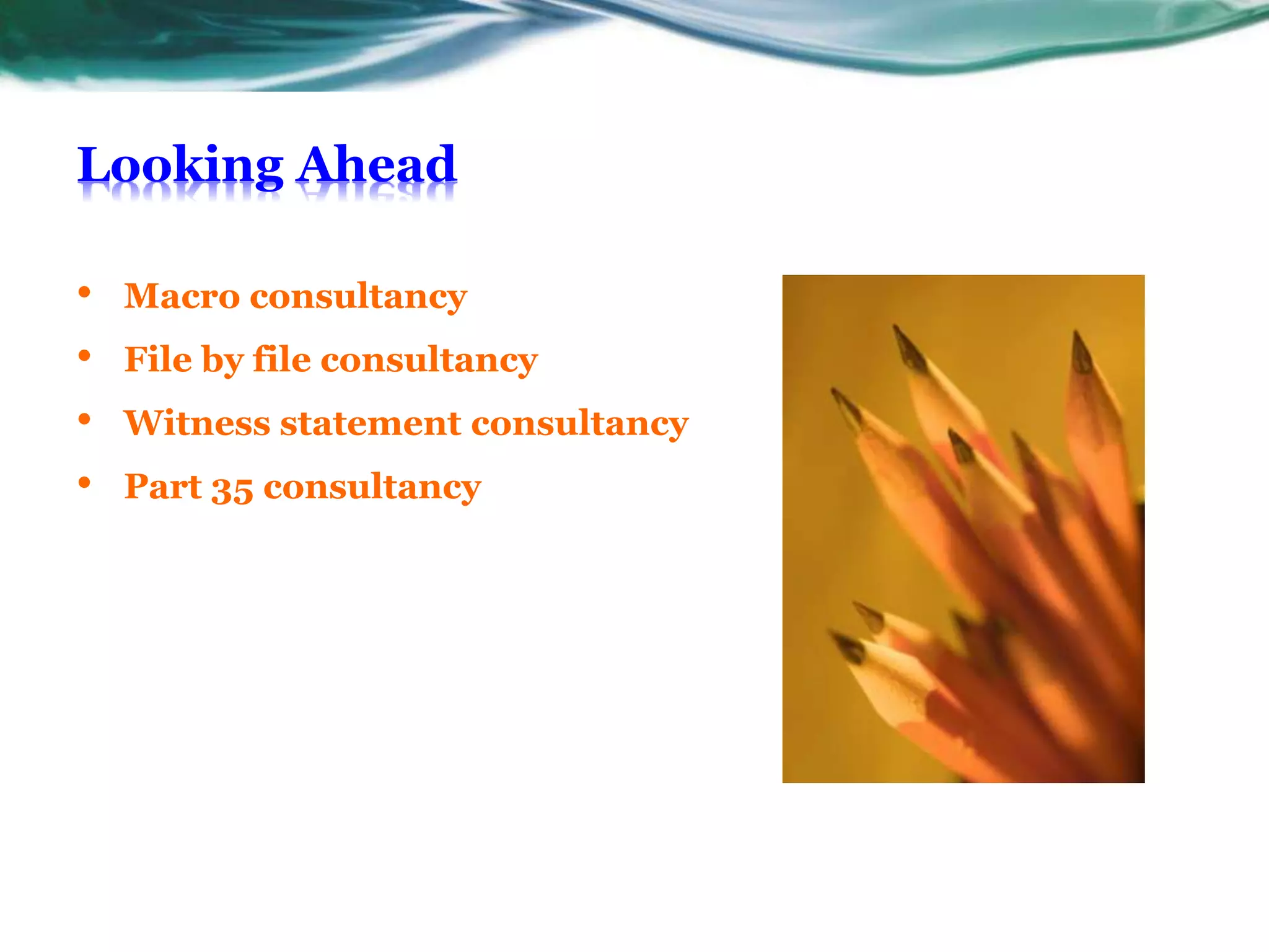 Looking Ahead
• Macro consultancy
• File by file consultancy
• Witness statement consultancy
• Part 35 consultancy
 