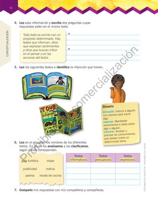 Todo texto es escrito con un
propósito determinado. Hay
textos que informan, otros
que expresan sentimientos
y otros que buscan influir
en el pensar o en las
acciones del lector.
12
5.	 Leo los siguientes textos e identifico la intención que tienen.
6.	 Leo en el recuadro los nombres de los diferentes
textos. En grupo los analizamos y los clasificamos,
según dónde correspondan.
7.	 Comparto mis respuestas con mis compañeros y compañeras.
mapaguía turística
poema
noticiapublicidad
receta de cocina
4.	 Leo esta información y escribo dos preguntas cuyas
respuestas estén en el mismo texto.
CONCEPTUALIZACIÓN
•	
•	
Textos
informativos
Textos
persuasivos
Textos
expresivos
Glosario
persuadir. Inducir a alguien
con razones para hacer
algo.
expresar. Manifestar
sentimientos e ideas sobre
algo o alguien.
informar. Ampliar o
precisar los conocimientos
que poseen sobre un
determinado tema.
Prohibida
su
com
ercialización
 