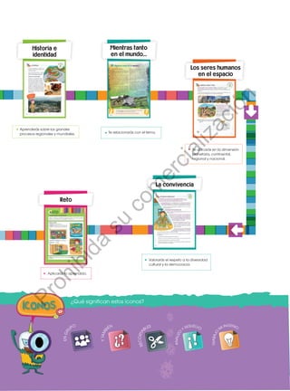 Prohibidasureproducción
9
Historia e
identidad
Aprenderás sobre los grandes
procesos regionales y mundiales.
Reto
Aplicarás lo aprendido.
La convivencia
Valorarás el respeto a la diversidad
cultural y la democracia.
Mientras tanto
en el mundo...
Te relacionarás con el tema.
Los seres humanos
en el espacio
Te ubicarás en la dimensión
planetaria, continental,
regional y nacional.
¿Qué significan estos íconos?
ENGR
UPO
YTAMB
IÉN
TIC
S
RECORTA
BLES
ENGR
UPO
YTAMB
IÉN
TIC
S
RECORTA
BLES
ANALIZO
Y RESUELVO
TRABAJO
MI INGENIO
Prohibida
su
com
ercialización
 