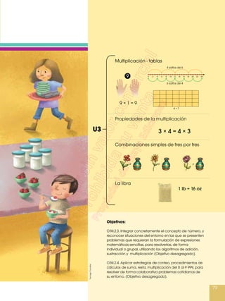 79
0 2 4 6 8 10 12 14 16 18 20 22 24
6 saltos de 4
4 saltos de 6
4 × 7
3 × 4 = 4 × 3U3
Multiplicación - tablas
Propiedades de la multiplicación
La libra
Combinaciones simples de tres por tres
, , ,
1 lb = 16 oz
9 × 9 = 90 – 9 = 81
9 × 8 = 80 – 8 = 72
9 × 7 = 70 – 7 = 63
9 × 6 = 60 – 6 = 54
9 × 5 = 50 – 5 = 45
9 × 4 = 40 – 4 = 36
9 × 3 = 30 – 3 = 27
9 × 2 = 20 – 2 = 18
9 × 1 = 10 – 1 = 9
1
9 × 1 = 9
9 81
2 3
5 6
9 10
7
Objetivos:
O.M.2.3. Integrar concretamente el concepto de número, y
reconocer situaciones del entorno en las que se presenten
problemas que requieran la formulación de expresiones
matemáticas sencillas, para resolverlas, de forma
individual o grupal, utilizando los algoritmos de adición,
sustracción y multiplicación (Objetivo desagregado).
O.M.2.4. Aplicar estrategias de conteo, procedimientos de
cálculos de suma, resta, multiplicación del 0 al 9 999, para
resolver de forma colaborativa problemas cotidianos de
su entorno. (Objetivo desagregado).
SantiagoGonzález
 