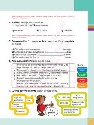 173
M.2.2.17. Realizar conversiones usuales entre años, meses, semanas, días, horas, minutos y segundos en
situaciones significativas.
4.	Subraya la respuesta correcta.
La equivalencia de 24 semanas es:
a) 6 meses	 b) 6 años	 c) 168 días
Relaciono los elementos del conjunto de salida y de
llegada a partir de la correspondencia.
Relaciono la división con patrones de resta iguales.
Calculo mentalmente productos y cocientes exactos.
Reconozco y clasifico ángulos por su amplitud.
Resuelvo problemas relacionados con la
multiplicación y división.
Realizo conversiones usuales entre años, meses y
semanas en situaciones significativas. Uso el reloj.
Contenidos
Clave
Puedo ayudar
a otros.
Resuelvo por
mí mismo.
Estoy
tratando.
¡Necesito
ayuda!
Solo
Con mi
profesora
Con un
compañero
En grupo
Resolviendo
ejercicios
Con
esquemas
Leyendo
Estableciendo
conexiones
M.2.2.17. Realizar conversiones usuales entre años, meses, semanas, días, horas, minutos y segundos en
situaciones significativas.
5.	 Coevaluación: En pareja, realicen la conversión y completen
las frases.
a) Cinco horas equivalen a: 	 minutos.
b) Cinco semanas equivalen a: 	 días.
c) Cinco años equivalen a: 	 meses.
d) Cinco días equivalen a: 	 horas.
Soy
puruhá
7.	 ¿Cómo aprendo?: Pinta según corresponda.
6.	Autoevaluación: Pinta según la clave.
MoscaEstudio
 