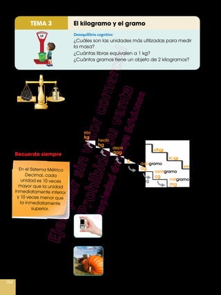 184
El kilogramo y el gramoTEMA 3
Desequilibrio cognitivo
La unidad de masa, en el Sistema Internacional
de Unidades (SI), es el kilogramo, y su símbolo es
kg, que, al no ser una abreviatura, no admite
mayúscula, ni punto, ni plural. 	
Aunque la unidad fundamental de masa es el
kilogramo, el sistema de múltiplos y submúltiplos se
estableció a partir del gramo.
		
En situaciones cotidianas se habla de peso cuando
en realidad se mide la masa. Mira los ejemplos.
¿Cuáles son las unidades más utilizadas para medir
la masa?
¿Cuántas libras equivalen a 1 kg?
¿Cuántos gramos tiene un objeto de 2 kilogramos?
Según el Libro de récords Guinness, el
diminuto celular Modu, que salió al
mercado en 2008, es el más liviano del
mundo con solo 40 gramos de peso.
En un concurso realizado en California
(2015), un hombre de Oregón ganó el
primer lugar al exhibir la calabaza
más grande, de 893 kilogramos.
10
kg
kilogramo
hectogramo
decagramo
decigramo
centigramo
miligramo
gramo
hg
dag
g
dg
cg
mg
× 10
× 10
× 10
÷10
÷10
÷10
Recuerda siempre
En el Sistema Métrico
Decimal, cada
unidad es 10 veces
mayor que la unidad
inmediatamente inferior
y 10 veces menor que
la inmediatamente
superior.
Cinco
unidades
de un
kilogramo
Su masa
es cinco
kilogramos
Tomadade:ArchivoeditorialTomadade:Archivoeditorial
 