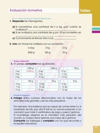 Evaluación formativa Taller
187
1.	 Responde las interrogantes.
	a)	Si convertimos una cantidad de t a kg, ¿por cuánto se
	multiplica? 								
	 b)	Si se multiplica una cantidad de g por 10 se convierten en
	 										
	c)	Comúnmente se llaman kilos a los 			
2.	 Une con líneas los múltiplos con su conversión.
Trabajo colaborativo
3.	 En pareja, completen las igualdades.
Actividad indagatoria
4.	Indaga datos curiosos relacionados con la masa de los
animales más grandes y de los más pequeños.
	 Por ejemplo: Una ballena azul es capaz de comer entre 3 y 4
toneladas de krill, ¡por día! El krill es un animal parecido a un
camarón que mide 3 centímetros de largo y pesa 2 gramos.
El murciélago abejorro es el mamífero más pequeño del
mundo, su cuerpo tiene apenas una masa de 2 gramos.
Comparte tus hallazgos y completa con los que escuches y
te resulten llamativos.
	 2 dag	 2 kg	 2 hg
	 2000 g	 200 g	 20 g
	×	 1 000 g
	3 kg	 3 000 g
	4 kg	
	9 kg	
	×	 100 g
	3 hg	
	7 hg	
	5 hg	
	×	 1 000 g
	6 kg	
	7 kg	
15 kg	
	×	 10 g
	14 dg	
	12 dg	
8 dg
	×	 100 g
	9 hg	
	11 hg	
	12 hg	
	×	 10 g
	9 dg	
	16 dg	
	12 dg
M.2.2.21. Realizar conversiones simples de medidas de masa.
 