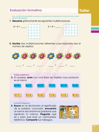 Evaluación formativa Taller
97
Trabajo colaborativo
3.	 En parejas, unan con una línea las tarjetas cuyo producto
es el mismo.
Actividad indagatoria
4.	Busca en el diccionario el significado
de la palabra ‘conmutar’, encuentra
al menos dos sinónimos (palabras que
significan lo mismo). Pregunta qué
es y para qué sirve un conmutador
telefónico. Comparte tus hallazgos.
1.	Resuelve gráficamente las siguientes multiplicaciones.
2.	Escribe dos multiplicaciones diferentes cuya respuesta sea el
número de objetos.
6 × 9 6 × 7 5 × 3 7 × 5 6 × 4 4 × 8
5 × 7 9 × 6 4 × 6 7 × 6 3 × 5 8 × 4
4 × 5 = 5 × 4 =
4 x 5 = 5 x 4 =
4 x 5 = 5 x 4 =
× = × =
M.2.1.29. Aplicar las propiedades conmutativa y asociativa de la multiplicación en el cálculo escrito y mental.
(Destreza desagregada).
 