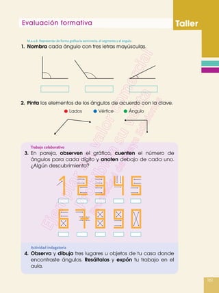 Evaluación formativa Taller
161
Trabajo colaborativo
3.	En pareja, observen el gráfico, cuenten el número de
ángulos para cada dígito y anoten debajo de cada uno.
¿Algún descubrimiento?
Actividad indagatoria
4.	Observa y dibuja tres lugares u objetos de tu casa donde
encontraste ángulos. Resáltalos y expón tu trabajo en el
aula.
1.	Nombra cada ángulo con tres letras mayúsculas.
2.	Pinta los elementos de los ángulos de acuerdo con la clave.
Lados Vértice Ángulo
M.2.2.8. Representar de forma gráfica la semirrecta, el segmento y el ángulo.
 