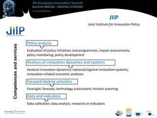JIIP
                                                                     Joint Institute for Innovation Policy




                           Policy analysis
Competences and services




                           Evaluation of policy initiatives and programmes; impact assessments;
                           policy monitoring; policy development

                           Analysis of innovation dynamics and systems
                           Sectoral innovation dynamics; national/regional innovation systems;
                           innovation-related economic analyses

                           Forward-looking activities
                           Foresight; forecast; technology assessment; horizon scanning

                           Data and indicators
                           Data collection; data analysis; research on indicators
 