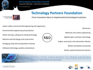 Technology Partners Foundation
                                       From innovative ideas to implemented technological solutions


Labour safety, environmental engineering and ergonomics
                                                                                                   Electronics
Environmental engineering and protection
                                                                             Materials and surface engineering
Plastic forming, cutting and cutting technology

Machine and tool design and construction            R&D                    Applied optics and laser technology

                                                                    Engine, aeronautic and automotive industry
Packaging, food and transportation industry
                                                                                Metals and plastics processing
Software technology, systems and products
                                                                           Textile, wood and chemical industry
 