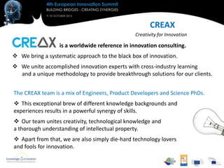 CREAX
                                               Creativity for Innovation

                  is a worldwide reference in innovation consulting.
 We bring a systematic approach to the black box of innovation.
 We unite accomplished innovation experts with cross-industry learning
  and a unique methodology to provide breakthrough solutions for our clients.


The CREAX team is a mix of Engineers, Product Developers and Science PhDs.
 This exceptional brew of different knowledge backgrounds and
experiences results in a powerful synergy of skills.
 Our team unites creativity, technological knowledge and
a thorough understanding of intellectual property.
 Apart from that, we are also simply die-hard technology lovers
and fools for innovation.
 