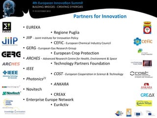Partners for Innovation
• EUREKA
                        • Regione Puglia
• JIIP   - Joint Institute for Innovation Policy
                        • CEFIC - European Chemical Industry Council
• GERG - European Gas Research Group
                 • European Crop Protection
• ARCHES - Advanced Research Centre for Health, Environment & Space
                 • Technology Partners Foundation
• IEEE
                 • COST - European Cooperation in Science & Technology
• Photonics21
                 • ANKARA
• Novitech
                 • CREAX
• Enterprise Europe Network
                 • EurActiv
 
