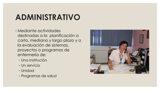 ADMINISTRATIVO
◦ Mediante actividades
destinadas a la planificación a
corto, mediano y largo plazo y a
la evaluación de sistemas,
proyectos o programas de
enfermería de:
◦ Una institución
◦ Un servicio
◦ Unidad
◦ Programas de salud
 