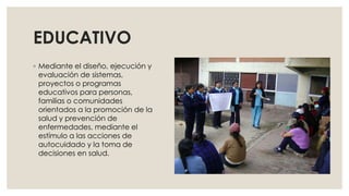 EDUCATIVO
◦ Mediante el diseño, ejecución y
evaluación de sistemas,
proyectos o programas
educativos para personas,
familias o comunidades
orientados a la promoción de la
salud y prevención de
enfermedades, mediante el
estímulo a las acciones de
autocuidado y la toma de
decisiones en salud.
 