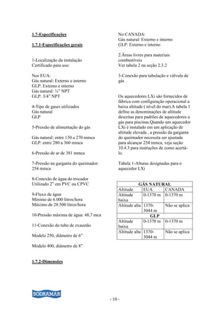 - 10 -
1.7-Especificações
1.7.1-Especificações gerais
1-Localização da instalação
Certificado para uso:
Nos EUA:
Gás natural: Externo e interno
GLP: Externo e interno
No CANADA:
Gás natural: Externo e interno
GLP: Externo e interno
2.Áreas livres para materiais
combustíveis
Ver tabela 2 na seção 2.3.2
3-Conexão para tubulação e válvula de
gás
Gás natural: ¾” NPT
GLP: 3/4” NPT
4-Tipo de gases utilizados
Gás natural
GLP
5-Pressão de alimentação do gás
Gás natural: entre 130 a 270 mmca
GLP: entre 280 a 360 mmca
6-Pressão de ar de 381 mmca
7-Pressão na garganta do queimador:
254 mmca
8-Conexão de água do trocador
Utilizado 2” em PVC ou CPVC
9-Fluxo de água
Mínimo de 6.000 litros/hora
Máximo de 28.500 litros/hora
10-Pressão máxima de água: 48,7 mca
11-Conexão do tubo de exaustão
Modelo 250, diâmetro de 6”
Modelo 400, diâmetro de 8”
Os aquecedores LXi são fornecidos de
fábrica com configuração operacional a
baixa altitude ( nível do mar).A tabela 1
define as denominações de altitude
descritas para padrões de aquecedores a
gás para piscinas.Quando um aquecedor
LXi é instalado em um aplicação de
altitude elevada , a pressão da garganta
do queimador necessita ser ajustada
para alcançar 254 mmca, veja seção
10.4.3 para instruções de como acertá-
lo.
Tabela 1-Alturas designadas para o
aquecedor LXi
GÁS NATURAL
Altitude EUA CANADA
Altitude
baixa
0-1370 m 0-1370 m
Altitude alta 1370-
3044 m
Não se aplica
GLP
Altitude
baixa
0-1370 m 0-1370 m
Altitude alta 1370-
3044 m
Não se aplica
1.7.2-Dimensões
 