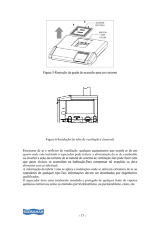 - 17 -
Figura 5-Remoção da grade de exaustão para uso externo
Figura 6-Instalação do tubo de ventilação ( chaminé)
Extratores de ar e orifícios de ventilação: qualquer equipamento que expele ar de um
quarto onde esta instalado o aquecedor pode reduzir a alimentação do ar de combustão
ou inverter a ação da corrente de ar natural do sistema de ventilação.Isto pode fazer com
que gases tóxicos se acumulem na habitação.Para compensar tal expulsão se deve
alimentar com ar adicional.
A informação da tabela 3 não se aplica a instalações onde se utilizem extratores de ar ou
sopradores de qualquer tipo.Tais informações devem ser desenhadas por engenheiros
qualificados.
O aquecedor deve estar totalmente instalado e protegido de qualquer fonte de vapores
químicos corrosivos como os emitidos por tricloroetileno, ou pecloroetileno, cloro, etc.
 