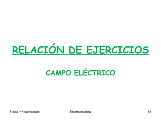 RELACIÓN DE EJERCICIOS
CAMPO ELÉCTRICO
Física 1º bachillerato Electroestática 18
 