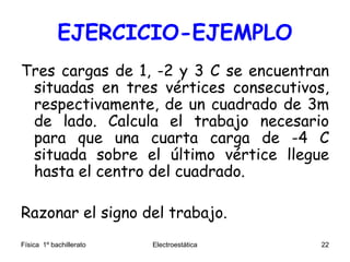 EJERCICIO-EJEMPLO
Tres cargas de 1, -2 y 3 C se encuentran
situadas en tres vértices consecutivos,
respectivamente, de un cuadrado de 3m
de lado. Calcula el trabajo necesario
para que una cuarta carga de -4 C
situada sobre el último vértice llegue
hasta el centro del cuadrado.
Razonar el signo del trabajo.
Física 1º bachillerato Electroestática 22
 