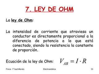 Física 1º bachillerato Electroestática 33
7. LEY DE OHM
La ley de Ohm:
La intensidad de corriente que atraviesa un
conductor es directamente proporcional a la
diferencia de potencia a la que está
conectado, siendo la resistencia la constante
de proporción.
Ecuación de la ley de Ohm:
ABV I R 
 