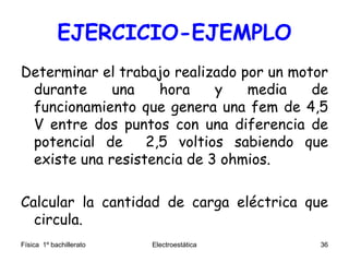 EJERCICIO-EJEMPLO
Determinar el trabajo realizado por un motor
durante una hora y media de
funcionamiento que genera una fem de 4,5
V entre dos puntos con una diferencia de
potencial de 2,5 voltios sabiendo que
existe una resistencia de 3 ohmios.
Calcular la cantidad de carga eléctrica que
circula.
Física 1º bachillerato Electroestática 36
 