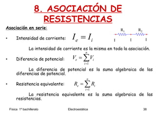 Física 1º bachillerato Electroestática 38
8. ASOCIACIÓN DE
RESISTENCIAS
Asociación en serie:
• Intensidad de corriente:
La intensidad de corriente es la misma en toda la asociación.
• Diferencia de potencial:
La diferencia de potencial es la suma algebraica de las
diferencias de potencial.
• Resistencia equivalente:
La resistencia equivalente es la suma algebraica de las
resistencias.
R1 R2R1 R2
I I II I Ie iI I
1
n
e i
i
V V

 
1
n
e i
i
R R

 
 