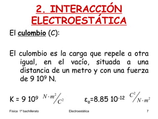 Física 1º bachillerato Electroestática 7
2. INTERACCIÓN
ELECTROESTÁTICA
El culombio (C):
El culombio es la carga que repele a otra
igual, en el vacío, situada a una
distancia de un metro y con una fuerza
de 9 109 N.
K = 9 109 εo=8.85 10-12
2
2
N m
C

2
2
C
N m
 