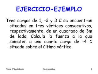 EJERCICIO-EJEMPLO
Tres cargas de 1, -2 y 3 C se encuentran
situadas en tres vértices consecutivos,
respectivamente, de un cuadrado de 3m
de lado. Calcula la fuerza a la que
someten a una cuarta carga de -4 C
situada sobre el último vértice.
Física 1º bachillerato Electroestática 8
 