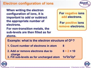 © Boardworks Ltd 2008
40 of 8
Electron configuration of ions
When writing the electron
configuration of ions, it is
important to add or subtract
the appropriate number of
electrons.
For negative ions
add electrons.
Example: what is the electron structure of O2-?
8
1. Count number of electrons in atom
1s22s22p6
3. Fill sub-levels as for uncharged atom
8 + 2 = 10
2. Add or remove electrons due to
charge
For positive ions
remove electrons.
For non-transition metals, the
sub-levels are then filled as for
atoms.
 