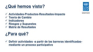 ¿Qué hemos visto?
 Actividades-Productos-Resultados-Impacto
 Teoría de Cambio
 Indicadores
 Riesgos y Supuestos
 Matriz de Resultados
¿Para qué?
 Definir actividades -a partir de las barreras identificadas-
mediante un proceso participativo
 