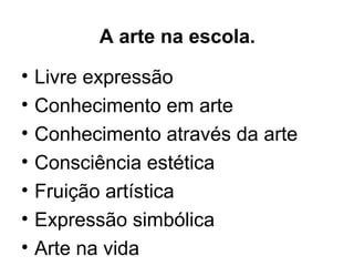 A arte na escola.
• Livre expressão
• Conhecimento em arte
• Conhecimento através da arte
• Consciência estética
• Fruição artística
• Expressão simbólica
• Arte na vida
 