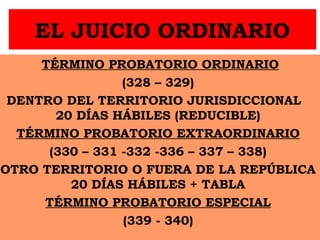 EL JUICIO ORDINARIO
TÉRMINO PROBATORIO ORDINARIO
(328 – 329)
DENTRO DEL TERRITORIO JURISDICCIONAL
20 DÍAS HÁBILES (REDUCIBLE)
TÉRMINO PROBATORIO EXTRAORDINARIO
(330 – 331 -332 -336 – 337 – 338)
OTRO TERRITORIO O FUERA DE LA REPÚBLICA
20 DÍAS HÁBILES + TABLA
TÉRMINO PROBATORIO ESPECIAL
(339 - 340)
 