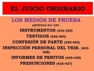 EL JUICIO ORDINARIO
LOS MEDIOS DE PRUEBA
ARTÍCULO 341 CPC.
INSTRUMENTOS (342-355)
TESTIGOS (356-384)
CONFESIÓN DE PARTE (385-402)
INSPECCIÓN PERSONAL DEL TRIB. (403-
408)
INFORMES DE PERITOS (409-425)
PRESUNCIONES (426-427)
 